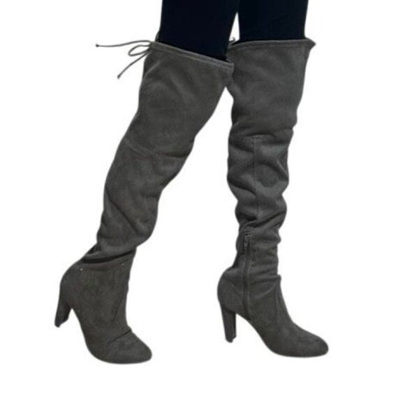 NWOT Over The Knee Heeled Boots Women's Size 8.5 Gray Vegan Leather Thigh High - Picture 2 of 7